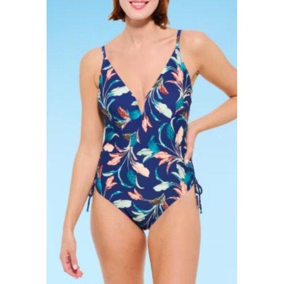 Mynah Navy Blue Floral V-Neck Side-Ties Medium Coverage One-Piece Swimsuit M NWT - Picture 1 of 8
